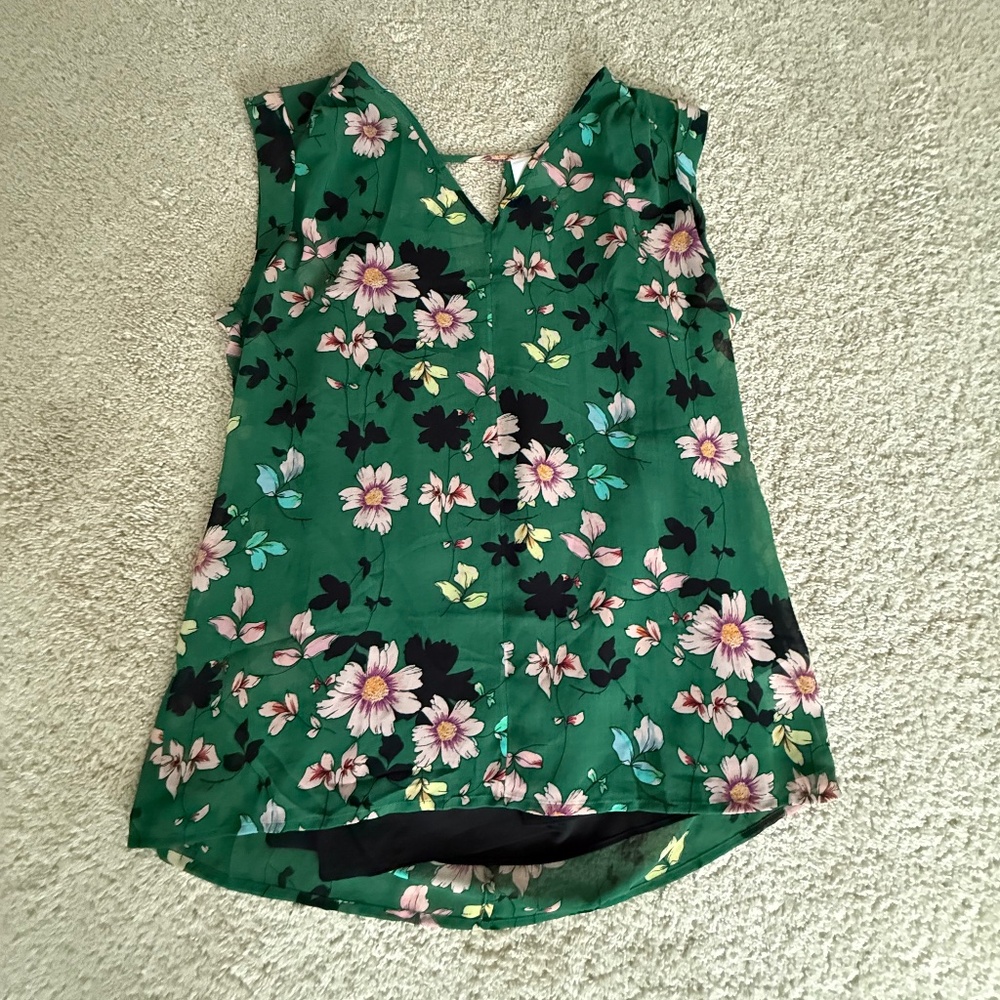 CAbi Floral Sleeveless Blouse Green Pink Black White Lined Cami Style 3619 Sz M - Picture 4 of 12